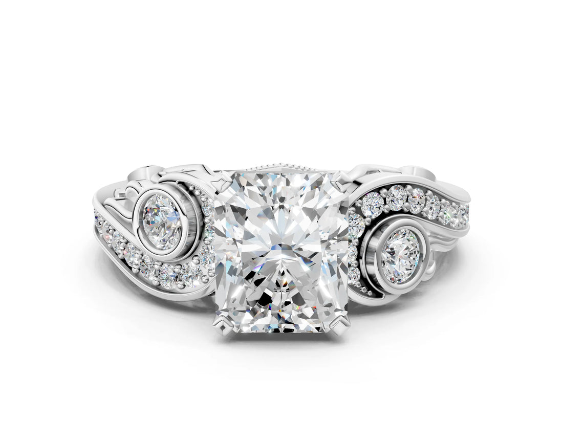 White gold Radiant Cut Diamond Solitaire Ring with Milgrain Pavé Band and Four-Prong Setting_171