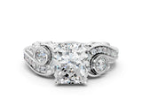 White gold Radiant Cut Diamond Solitaire Ring with Milgrain Pavé Band and Four-Prong Setting_171