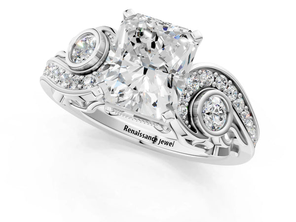 White gold Radiant Cut Diamond Solitaire Ring with Milgrain Pavé Band and Four-Prong Setting