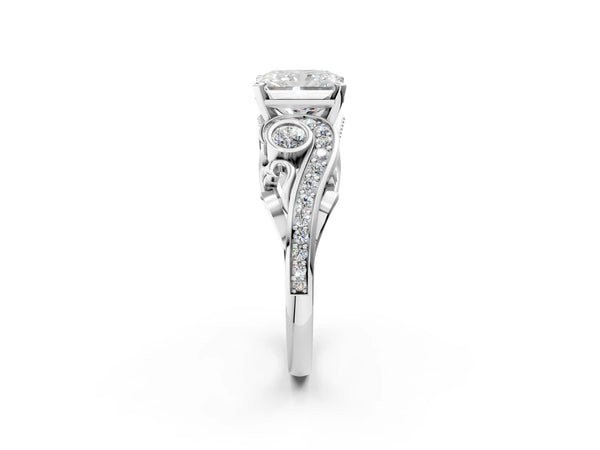 White gold Radiant Cut Diamond Solitaire Ring with Milgrain Pavé Band and Four-Prong Setting