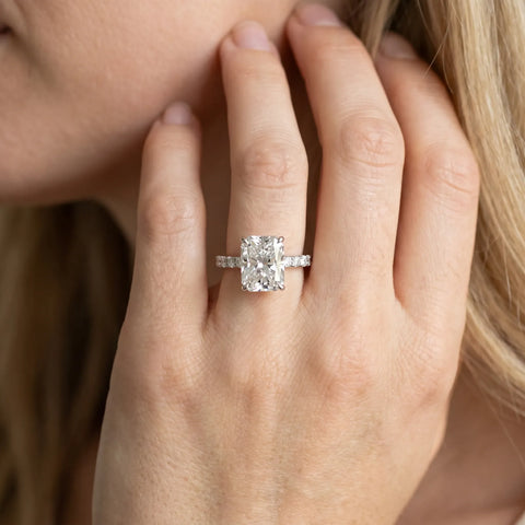 Platinum 1.04 Carat F VS1 Radiant Diamond Solitaire Ring with Round  Pavé Band and Four-Prong Setting