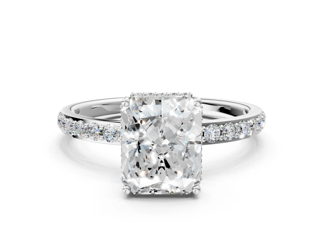 White gold Radiant Cut Diamond Solitaire Ring with Pavé Band and Hidden Halo_15