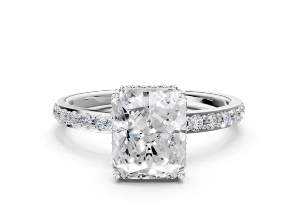 White Gold Radiant Cut Hidden Halo Engagement Ring Setting with Pave Band