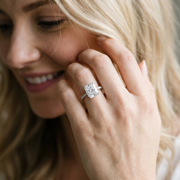 White Gold Radiant Cut Hidden Halo Engagement Ring Setting with Pave Band
