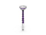 White gold Radiant Cut Diamond Solitaire Ring with Round with Amethyst side stone Pavé Band and Four-Prong Setting_2