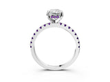 White gold Radiant Cut Diamond Solitaire Ring with Round with Amethyst side stone Pavé Band and Four-Prong Setting_3