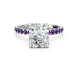 White gold Radiant Cut Diamond Solitaire Ring with Round with Amethyst side stone Pavé Band and Prong Setting
