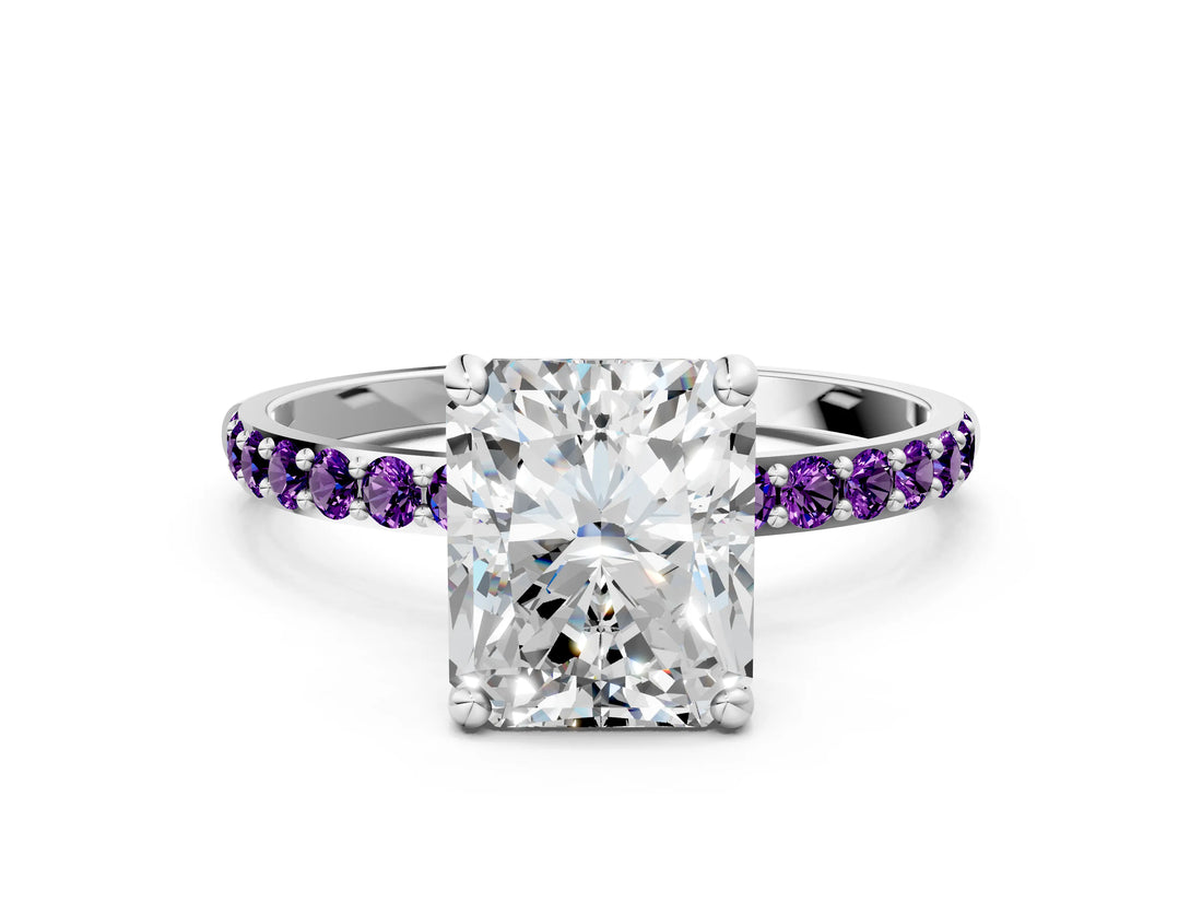 White gold Radiant Cut Diamond Solitaire Ring with Round with Amethyst side stone Pavé Band and Prong Setting_12