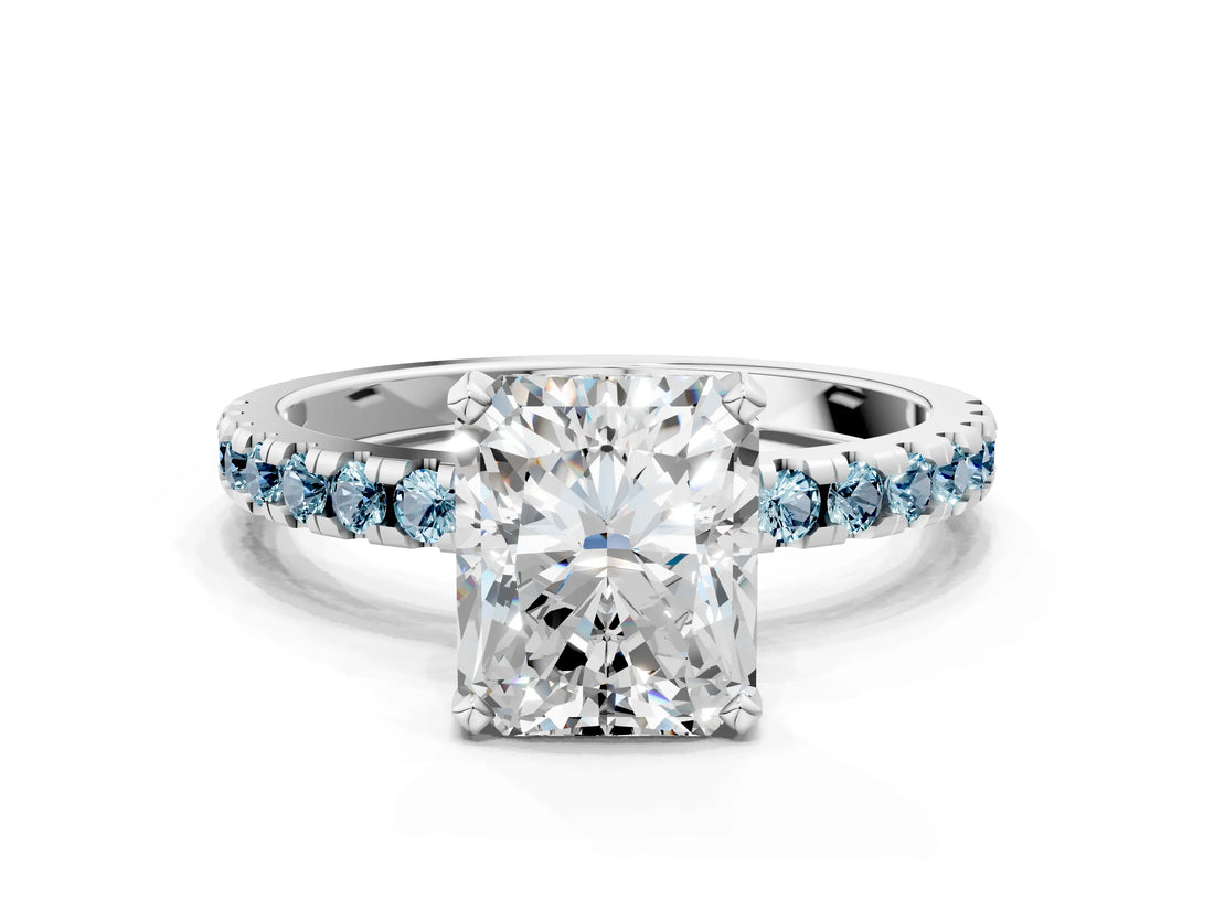 White gold Radiant Cut Diamond Solitaire Ring with Round with Aquamarine side stone Pavé Band and Four-Prong Setting
