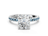 White gold Radiant Cut Diamond Solitaire Ring with Round with Aquamarine side stone Pavé Band and Four-Prong Setting_12