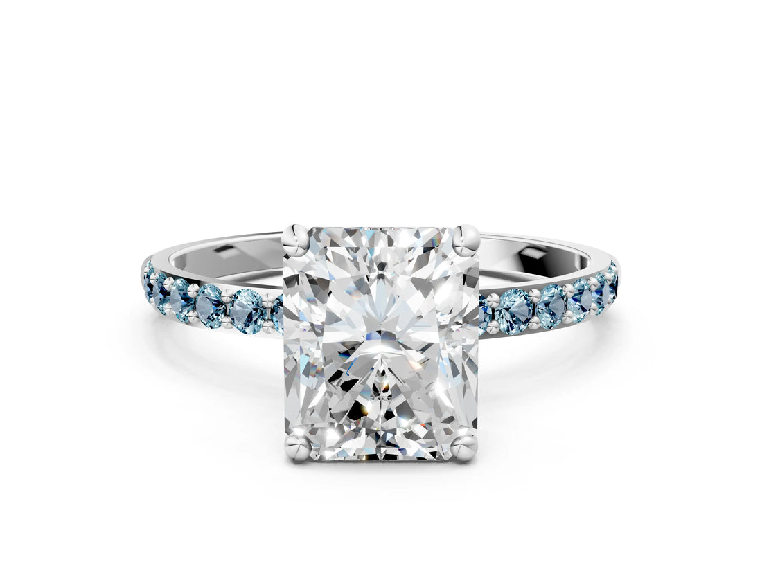 White gold Radiant Cut Diamond Solitaire Ring with Round with Aquamarine side stone Pavé Band and Prong Setting_12