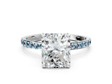 White gold Radiant Cut Diamond Solitaire Ring with Round with Aquamarine side stone Pavé Band and Prong Setting_12