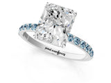 White gold Radiant Cut Diamond Solitaire Ring with Round with Aquamarine side stone Pavé Band and Prong Setting_25