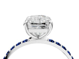 White gold Radiant Cut Diamond Solitaire Ring with Round with Blue Sapphire side stone Pavé Band and Prong Setting_16
