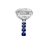 White gold Radiant Cut Diamond Solitaire Ring with Round with Blue Sapphire side stone Pavé Band and Prong Setting_5