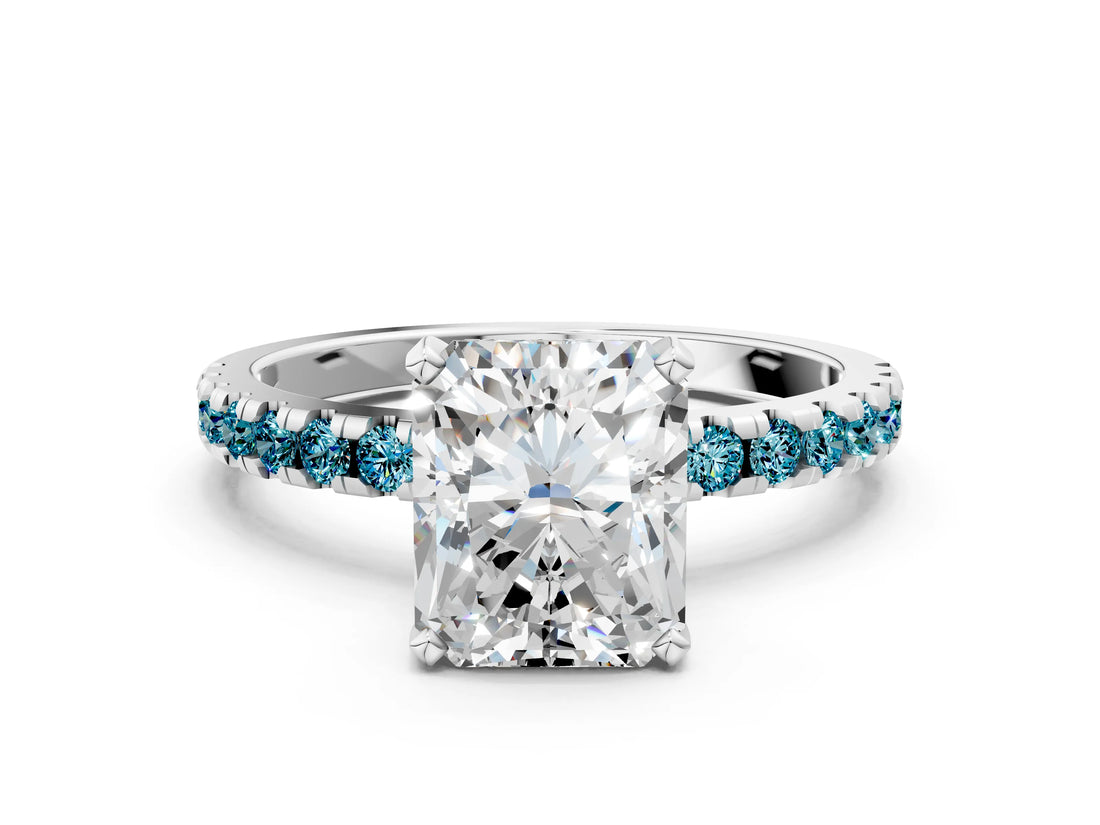 White gold Radiant Cut Diamond Solitaire Ring with Round with Blue Topaz side stone Pavé Band and Four-Prong Setting