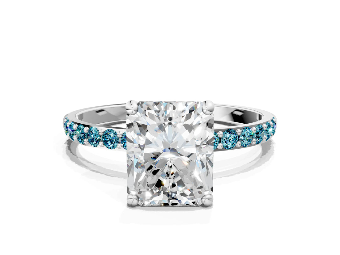 White gold Radiant Cut Diamond Solitaire Ring with Round with Blue Topaz side stone Pavé Band and Prong Setting_24