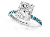 White gold Radiant Cut Diamond Solitaire Ring with Round with Blue Topaz side stone Pavé Band and Prong Setting_37