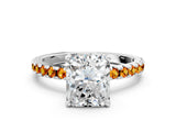 White gold Radiant Cut Diamond Solitaire Ring with Round with Citrine side stone Pavé Band and Four-Prong Setting