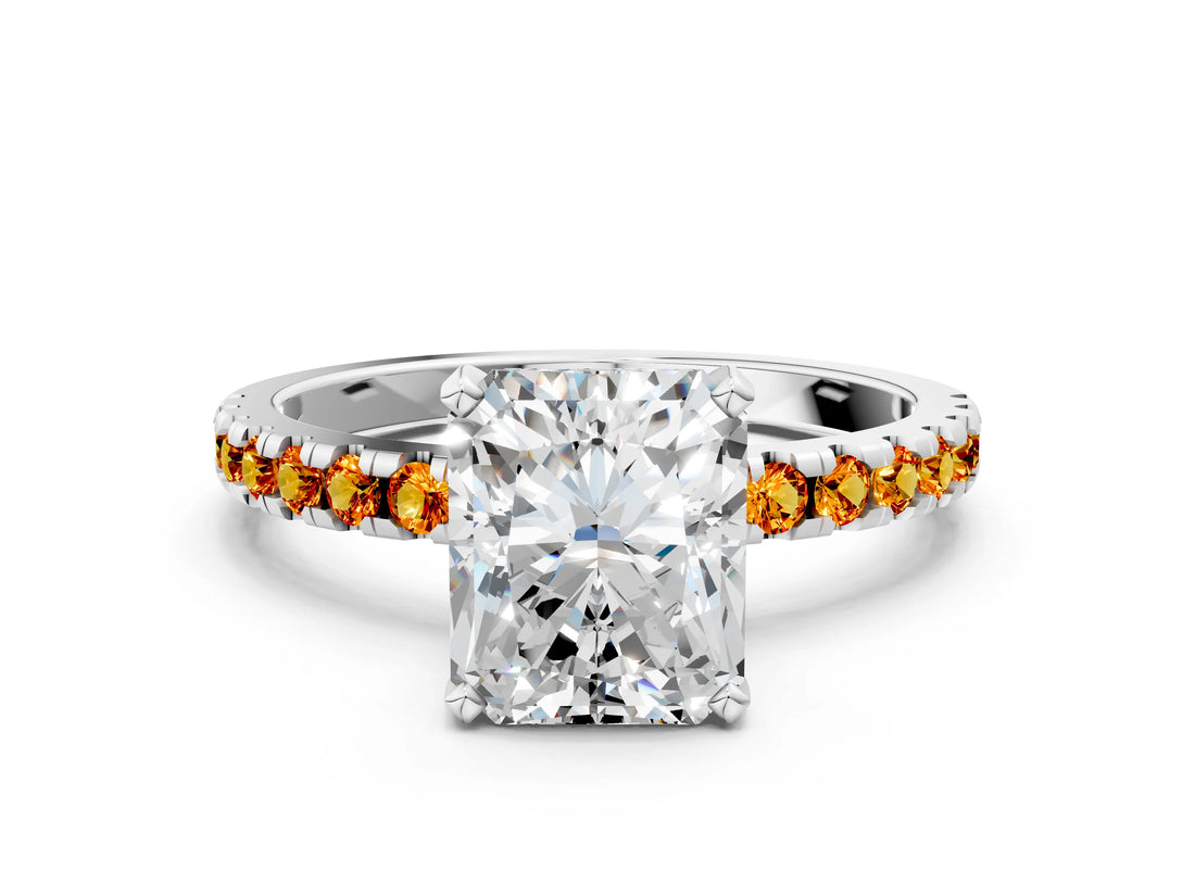 White gold Radiant Cut Diamond Solitaire Ring with Round with Citrine side stone Pavé Band and Four-Prong Setting_12