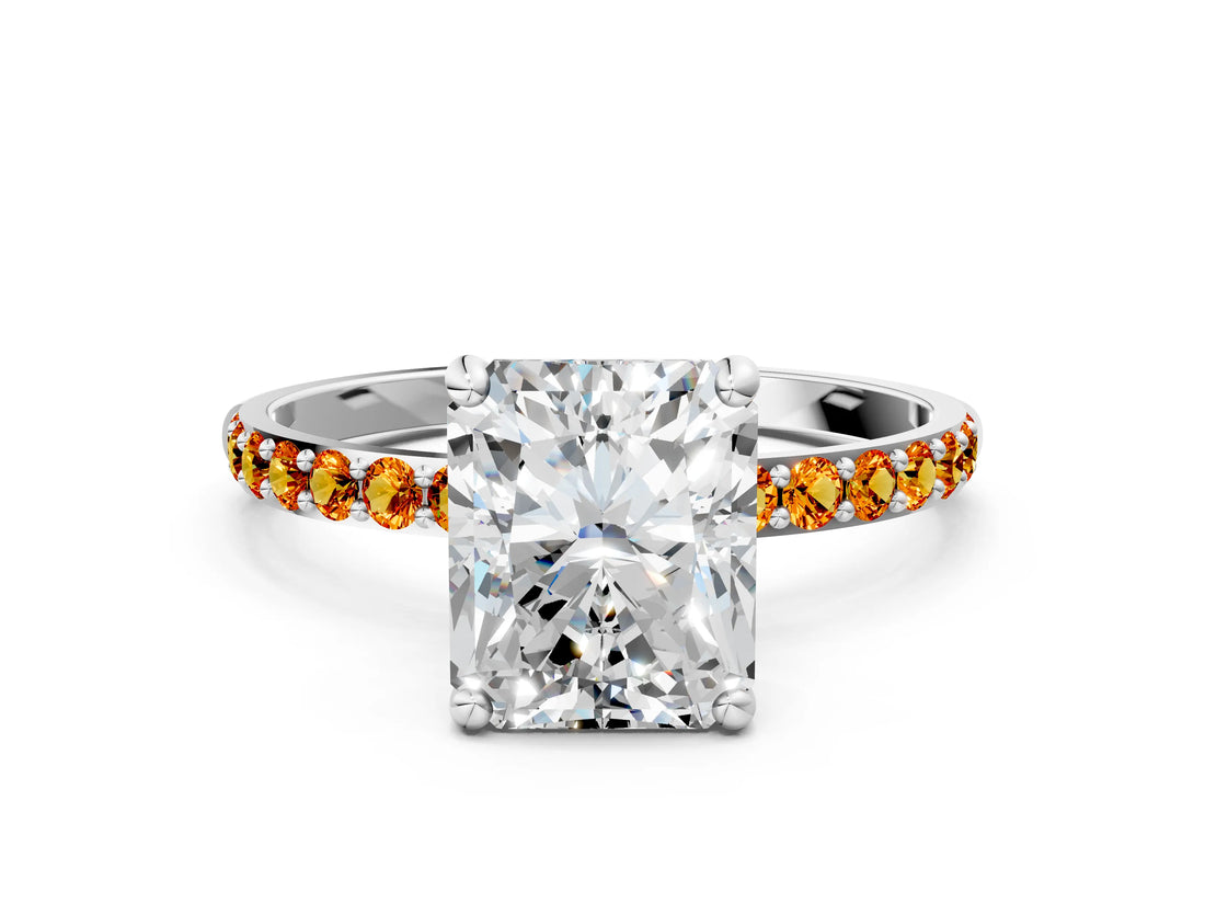 White gold Radiant Cut Diamond Solitaire Ring with Round with Citrine side stone Pavé Band and Prong Setting
