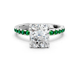 White gold Radiant Cut Diamond Solitaire Ring with Round with Emerald side stone Pavé Band and Four-Prong Setting