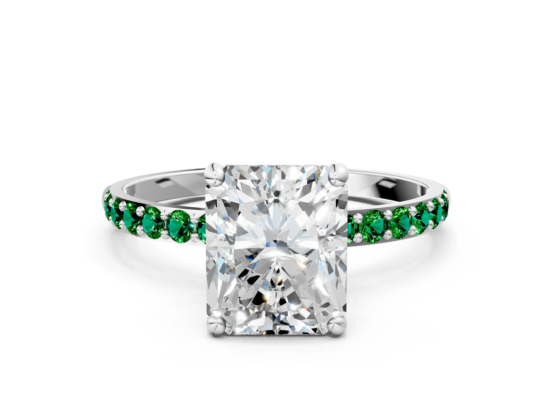 White gold Radiant Cut Diamond Solitaire Ring with Round with Emerald side stone Pavé Band and Prong Setting_12
