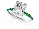 White gold Radiant Cut Diamond Solitaire Ring with Round with Emerald side stone Pavé Band and Prong Setting_13