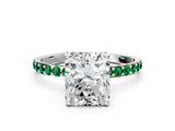 White gold Radiant Cut Diamond Solitaire Ring with Round with Emerald side stone Pavé Band and Prong Setting_24