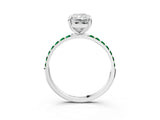 White gold Radiant Cut Diamond Solitaire Ring with Round with Emerald side stone Pavé Band and Prong Setting_3