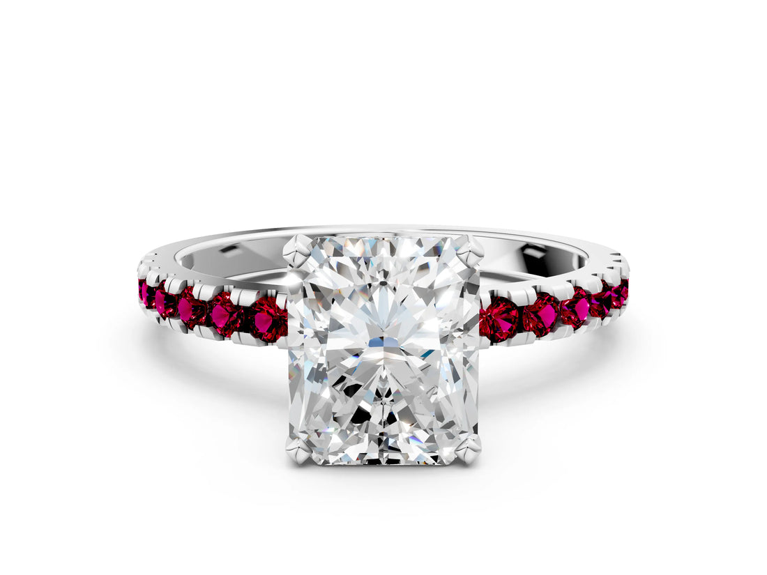 White gold Radiant Cut Diamond Solitaire Ring with Round with Garnet side stone Pavé Band and Four-Prong Setting_36