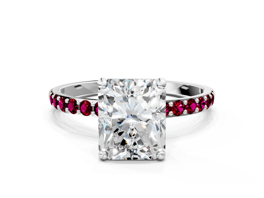 White gold Radiant Cut Diamond Solitaire Ring with Round with Garnet side stone Pavé Band and Prong Setting_12