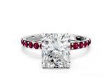 White gold Radiant Cut Diamond Solitaire Ring with Round with Garnet side stone Pavé Band and Prong Setting_24
