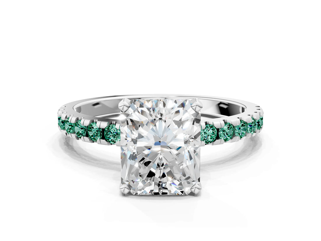 White gold Radiant Cut Diamond Solitaire Ring with Round with Green Sapphire side stone Pavé Band and Four-Prong Setting