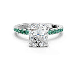 White gold Radiant Cut Diamond Solitaire Ring with Round with Green Sapphire side stone Pavé Band and Four-Prong Setting