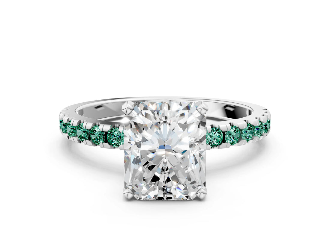 White gold Radiant Cut Diamond Solitaire Ring with Round with Green Sapphire side stone Pavé Band and Four-Prong Setting_36