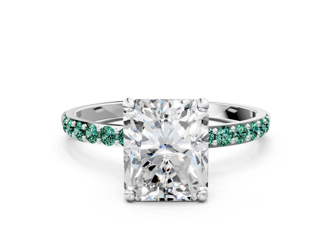 White gold Radiant Cut Diamond Solitaire Ring with Round with Green Sapphire side stone Pavé Band and Prong Setting_30