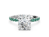 White gold Radiant Cut Diamond Solitaire Ring with Round with Green Sapphire side stone Pavé Band and Prong Setting_30