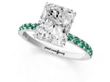 White gold Radiant Cut Diamond Solitaire Ring with Round with Green Sapphire side stone Pavé Band and Prong Setting_31