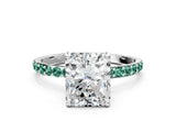 White gold Radiant Cut Diamond Solitaire Ring with Round with Green Sapphire side stone Pavé Band and Prong Setting_36