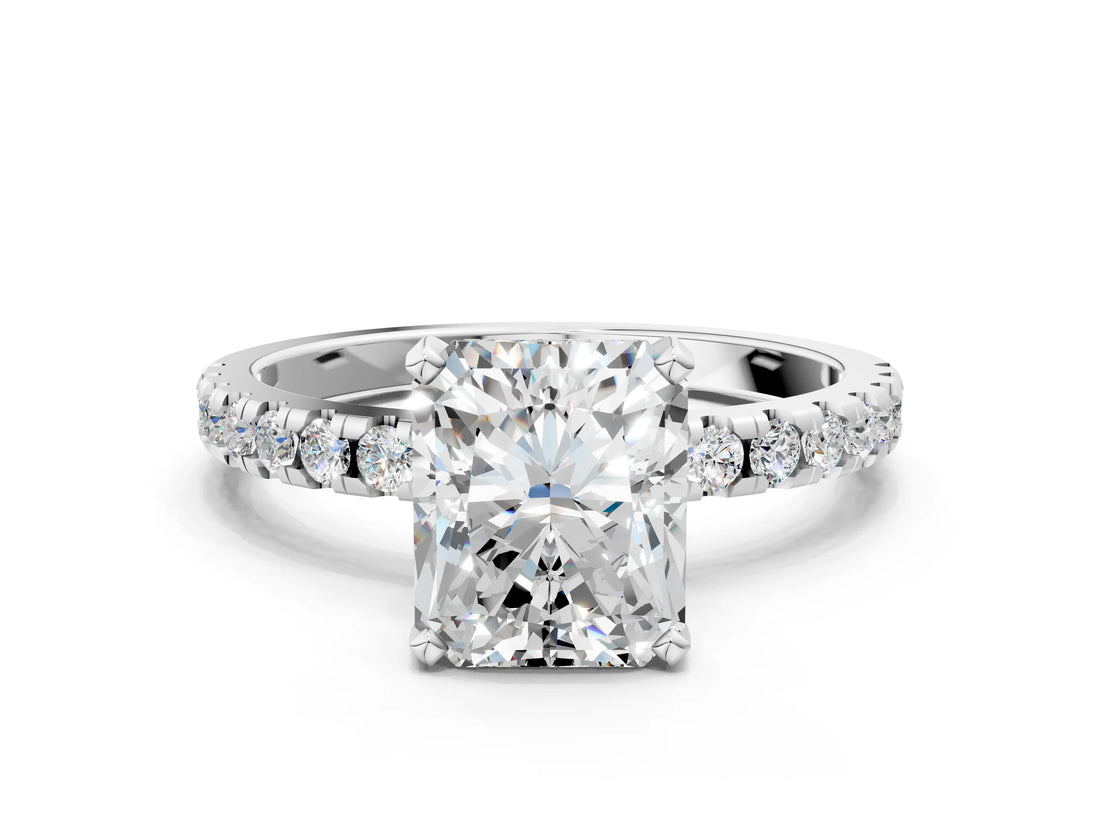 White gold Radiant Cut Diamond Solitaire Ring with Round with Moissanite side stone Pavé Band and Four-Prong Setting_12