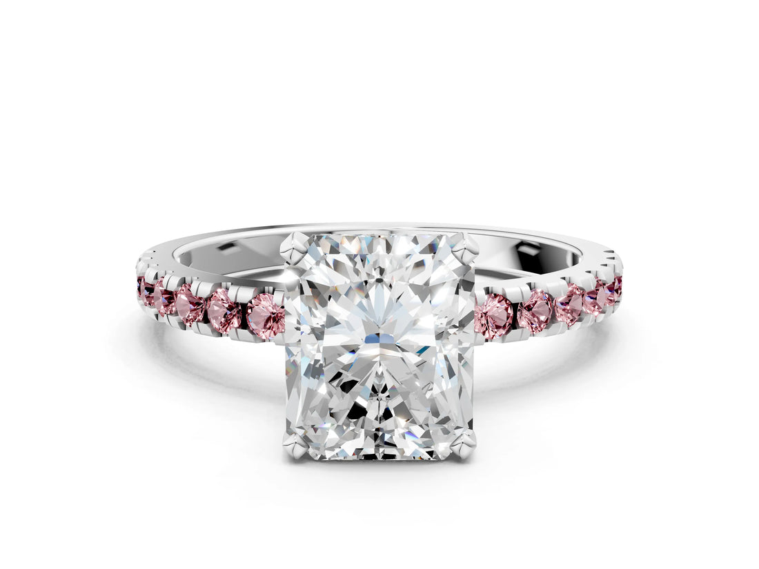 White gold Radiant Cut Diamond Solitaire Ring with Round with Morganite side stone Pavé Band and Four-Prong Setting_12