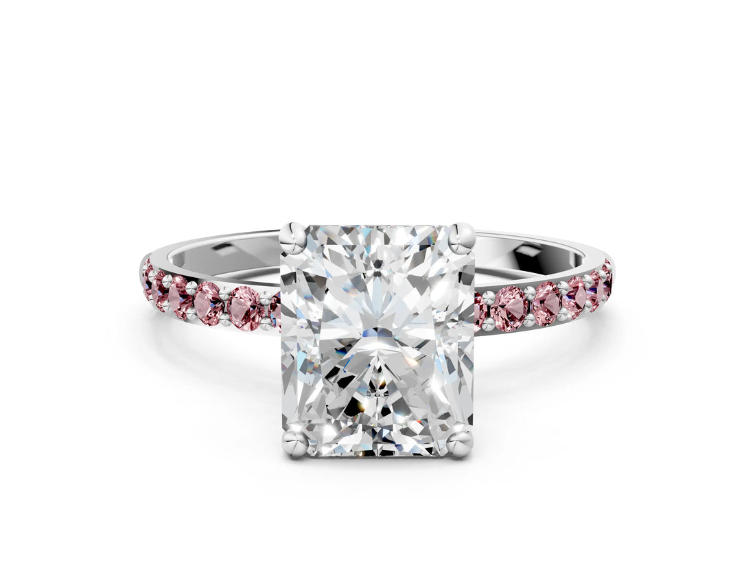 White gold Radiant Cut Diamond Solitaire Ring with Round with Morganite side stone Pavé Band and Prong Setting