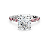 White gold Radiant Cut Diamond Solitaire Ring with Round with Morganite side stone Pavé Band and Prong Setting