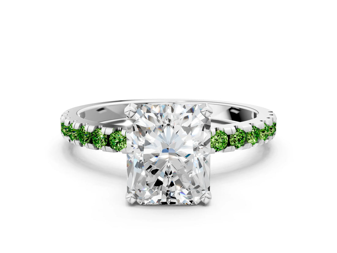 White gold Radiant Cut Diamond Solitaire Ring with Round with Peridot side stone Pavé Band and Four-Prong Setting