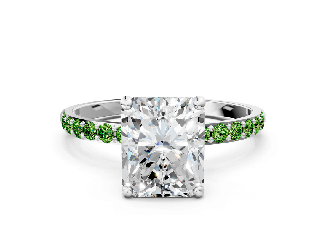White gold Radiant Cut Diamond Solitaire Ring with Round with Peridot side stone Pavé Band and Prong Setting_24