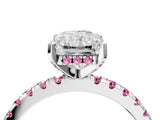 White gold Radiant Cut Diamond Solitaire Ring with Round with Pink Sapphire side stone Pavé Band and Four-Prong Setting_16