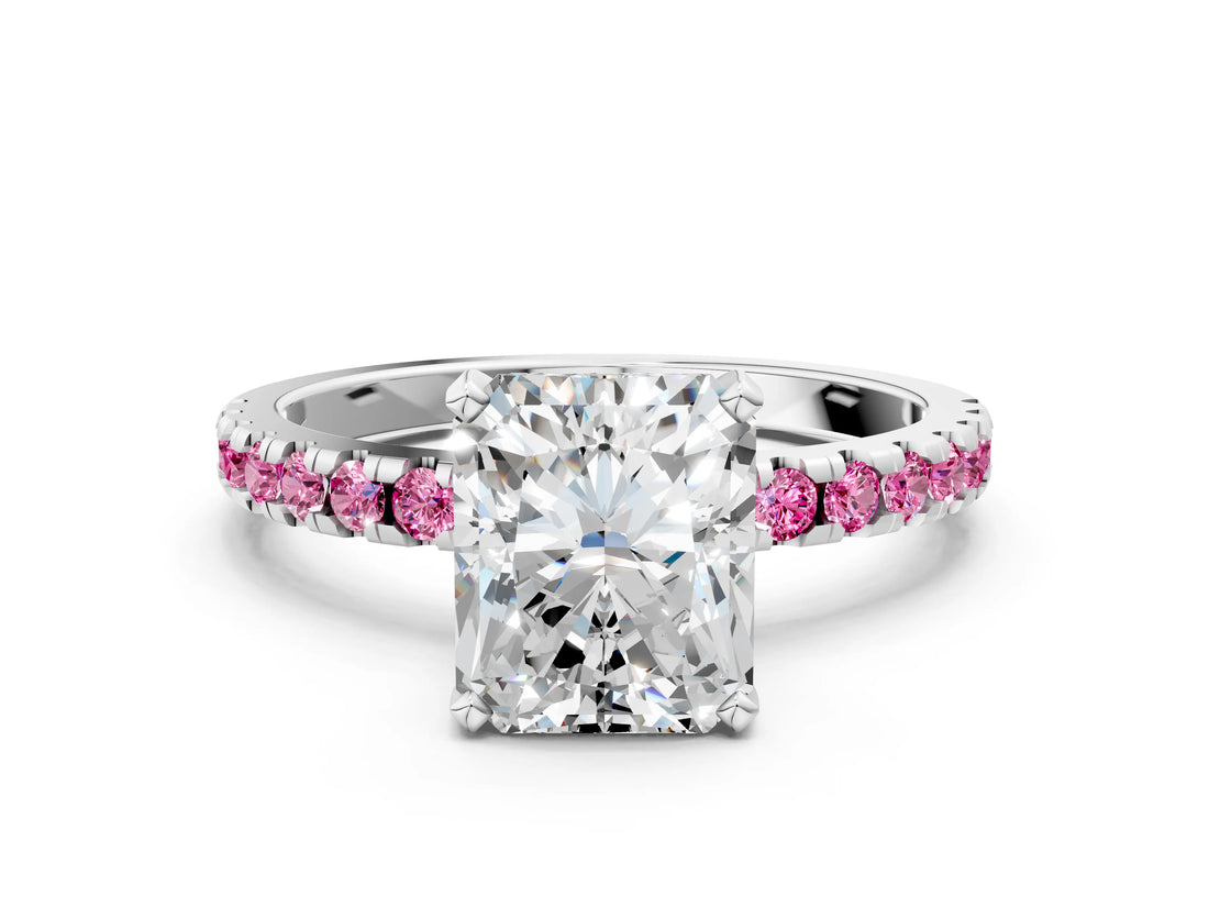 White gold Radiant Cut Diamond Solitaire Ring with Round with Pink Sapphire side stone Pavé Band and Four-Prong Setting
