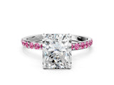 White gold Radiant Cut Diamond Solitaire Ring with Round with Pink Sapphire side stone Pavé Band and Prong Setting