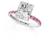 White gold Radiant Cut Diamond Solitaire Ring with Round with Pink Sapphire side stone Pavé Band and Prong Setting_1